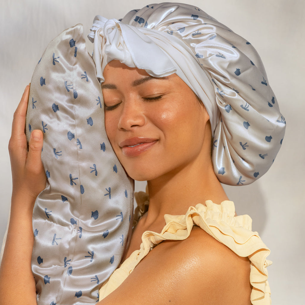 Satin Pillowcase in Pearlized Cream & Coastal Blue Print